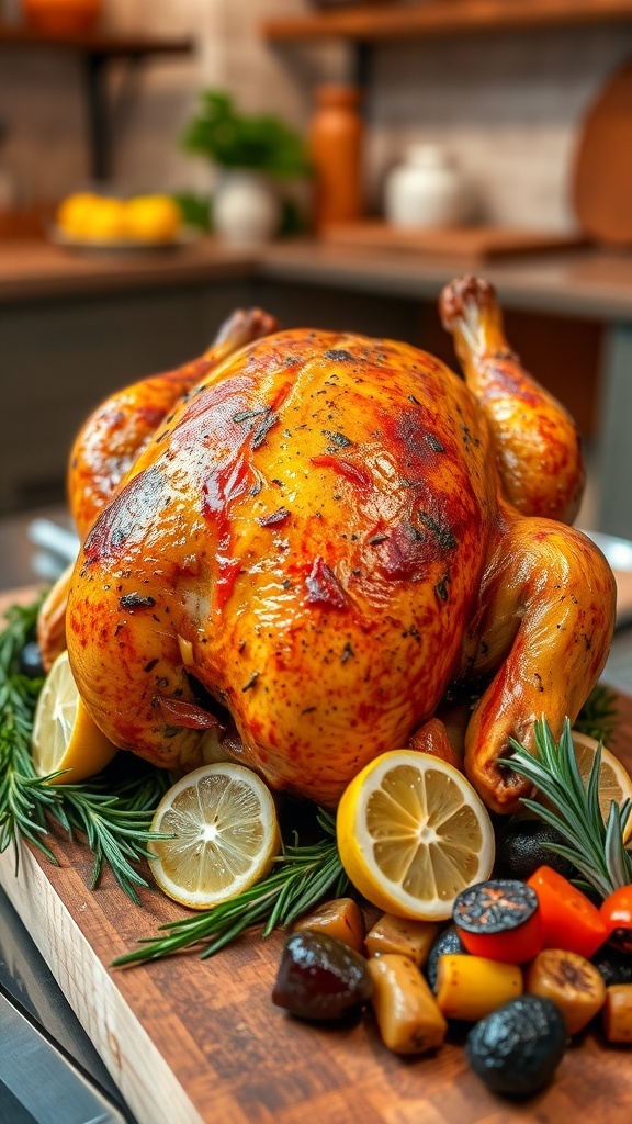 A golden roasted chicken with herbs and lemon on a wooden board, surrounded by roasted vegetables.